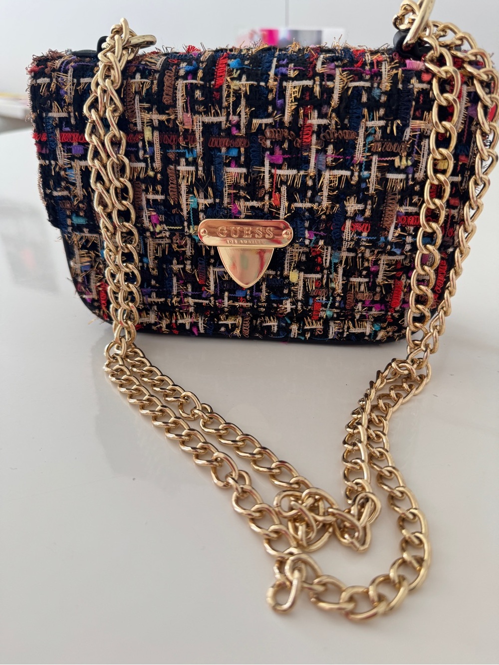 GUESS Black Multi Tweed Crossbody with Gold Chain Detail